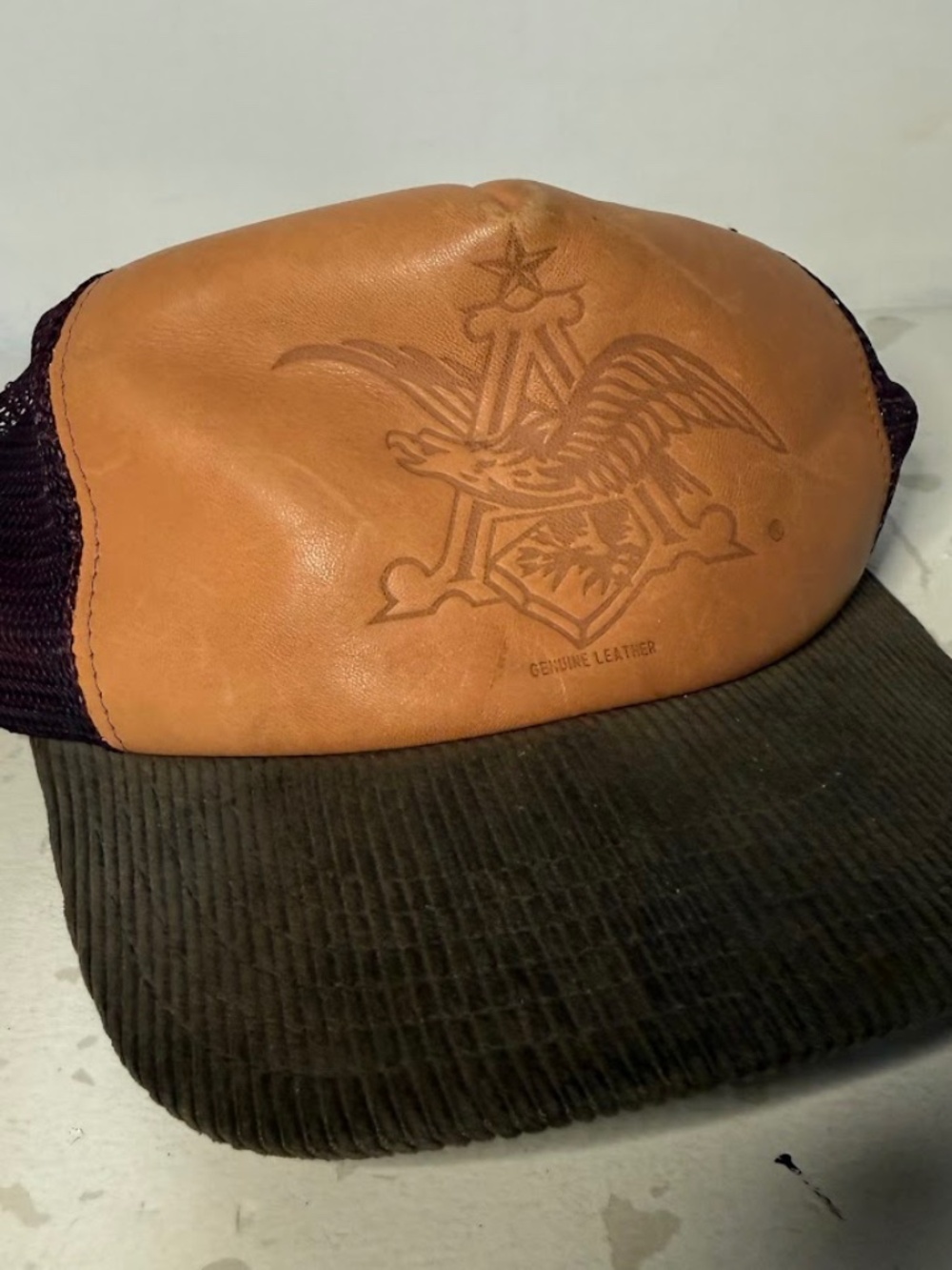 Vintage Budweiser RARE Embossed Eagle Logo Leather Front Panel Trucker Hat 90s